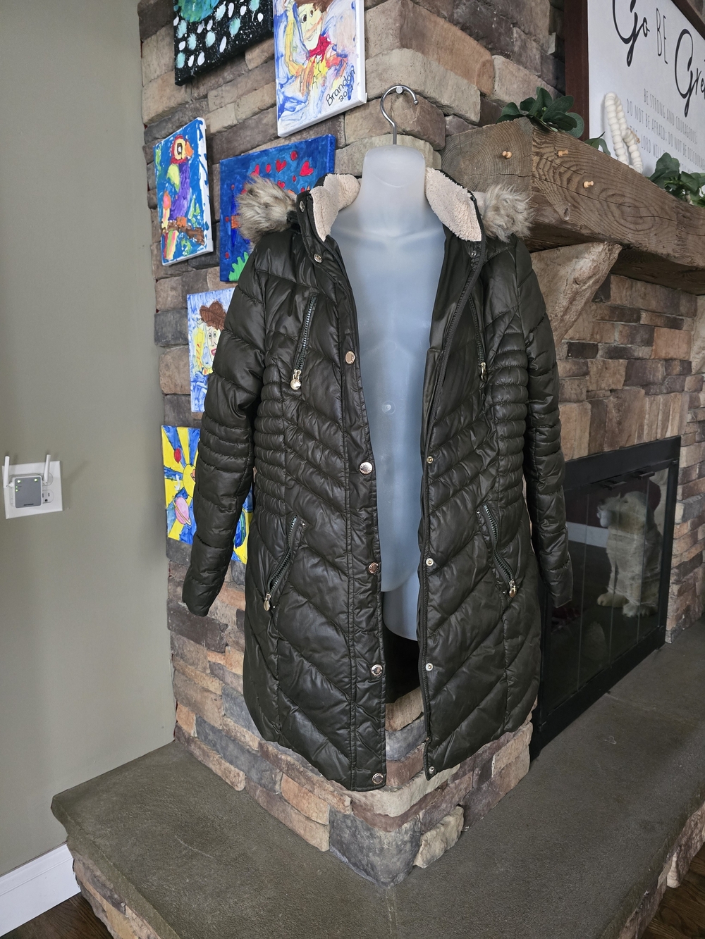 Laundry By Shelli Segal Olive Green Quilted Puffer Coat W/Faux-Fur Trim Hoode Lg